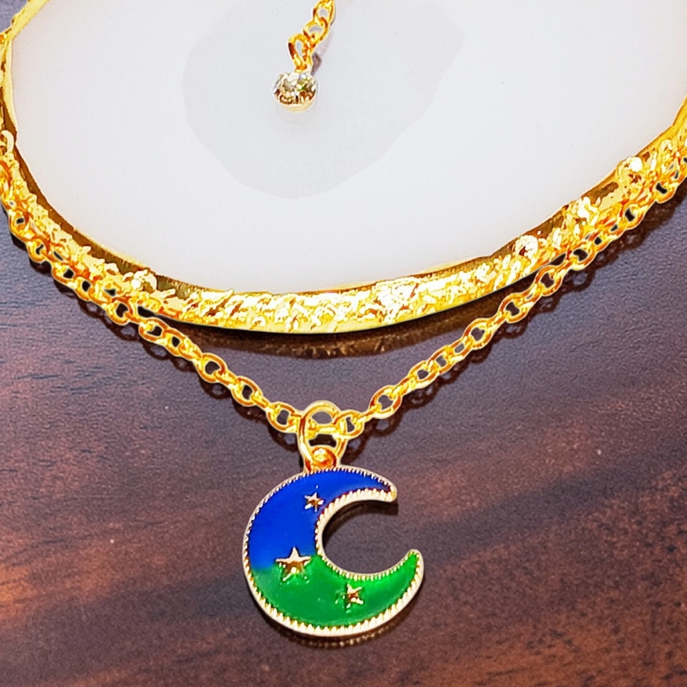 Gold Enchanted Choker Enamel Moon Charm with Stars Necklace Mystical Galaxy 90s